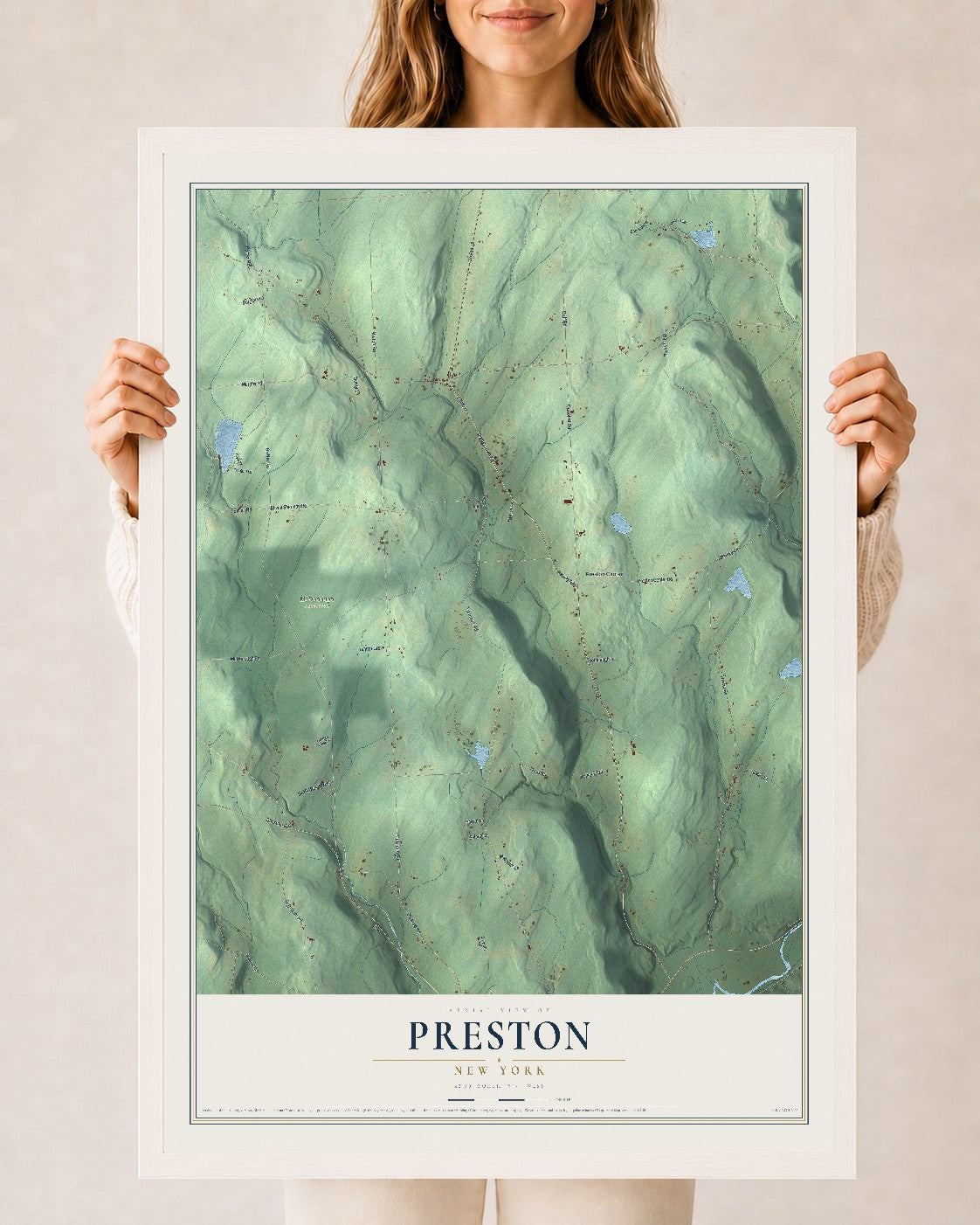 Preston, New York map print, 24" x 36" W/ White Ayous Wood Frame mockup