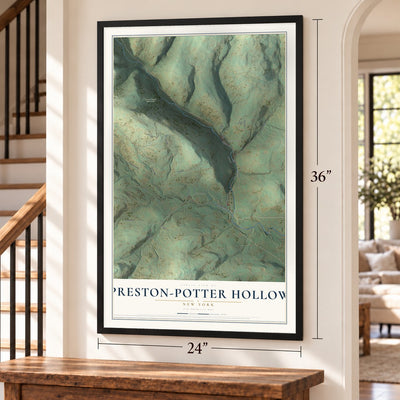 Preston-Potter Hollow, New York map, 24 x 36 inch print in a black frame by a staircase