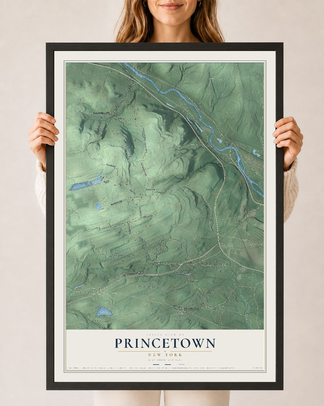 Princetown, New York map print, 24" x 36" W/ Black Ayous Wood Frame mockup
