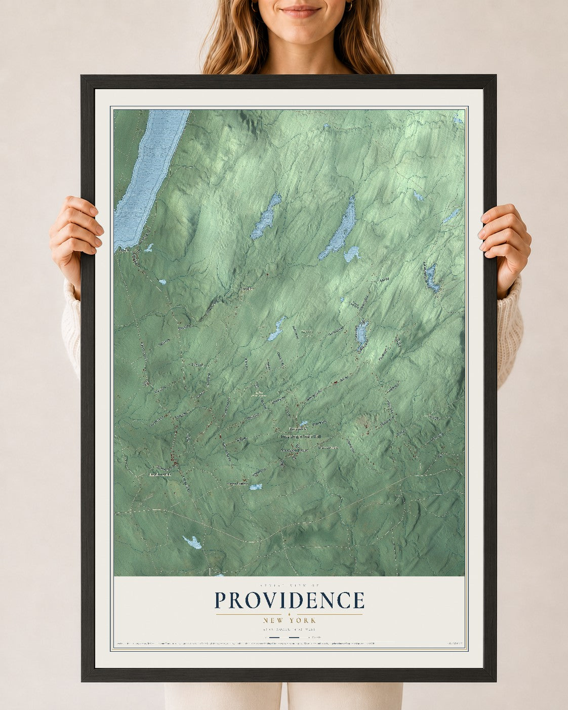 Providence, New York map print, 24" x 36" W/ Black Ayous Wood Frame mockup
