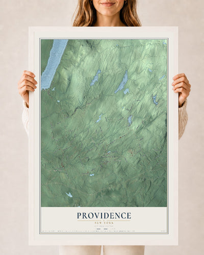 Providence, New York map print, 24" x 36" W/ White Ayous Wood Frame mockup