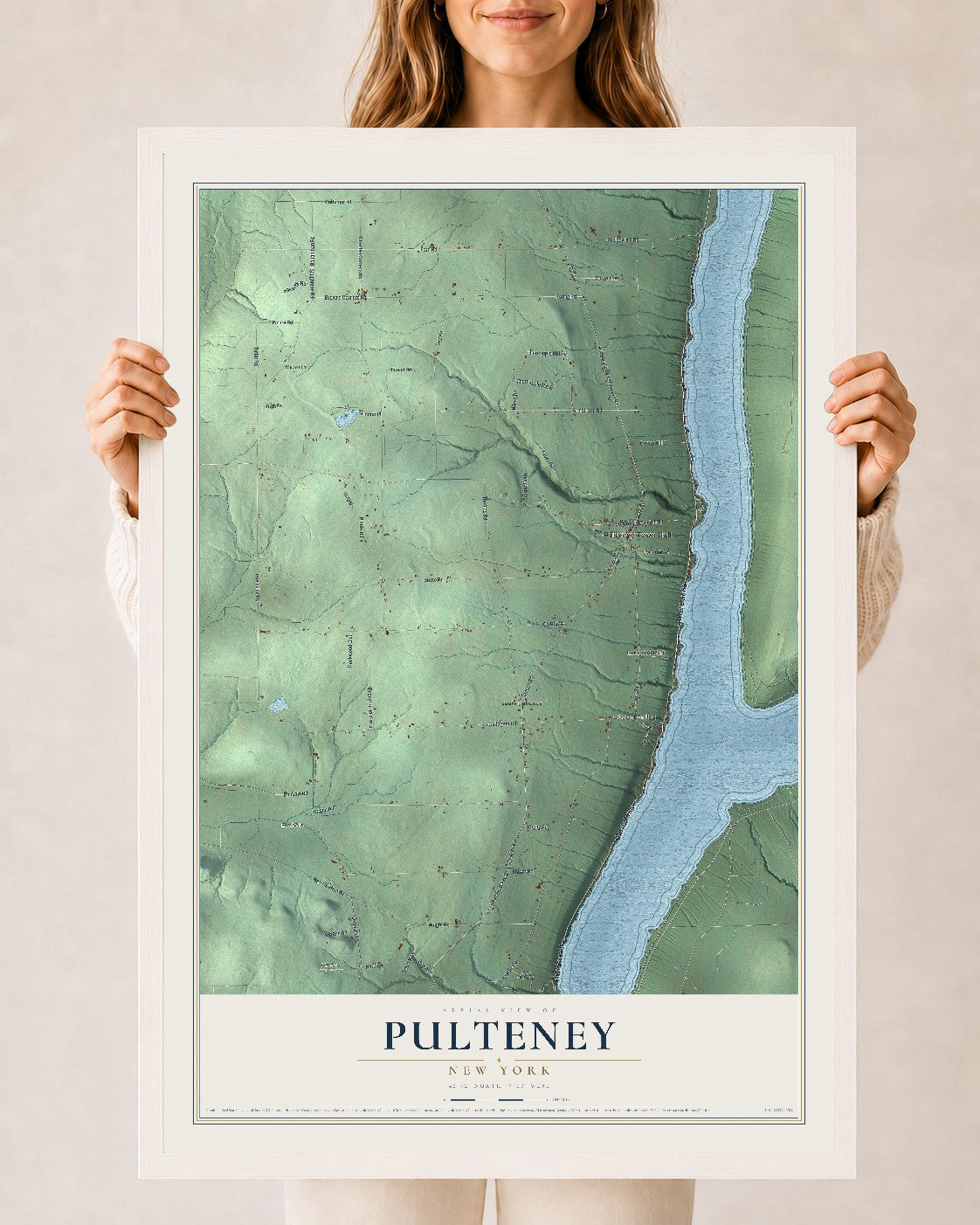 Pulteney, New York map print, 24" x 36" W/ White Ayous Wood Frame mockup