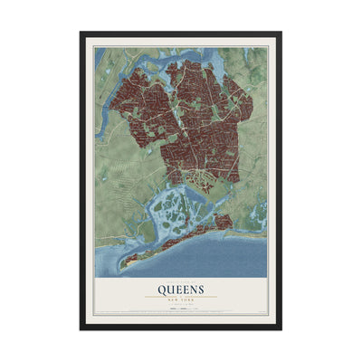 Queens, New York map print, 12" x 18" W/ Black Ayous Wood Frame mockup