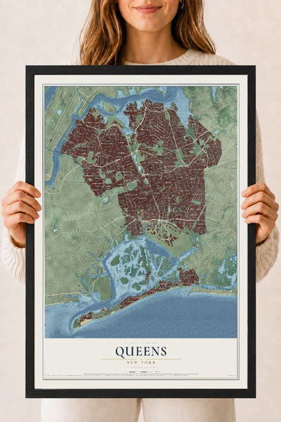 Queens, New York map print, 18" x 24" W/ Black Ayous Wood Frame mockup