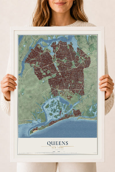 Queens, New York map print, 18" x 24" W/ White Ayous Wood Frame mockup