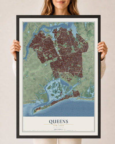 Queens, New York map print, 24" x 36" W/ Black Ayous Wood Frame mockup