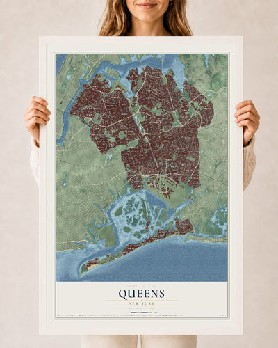 Queens, New York map print, 24" x 36" W/ White Ayous Wood Frame mockup