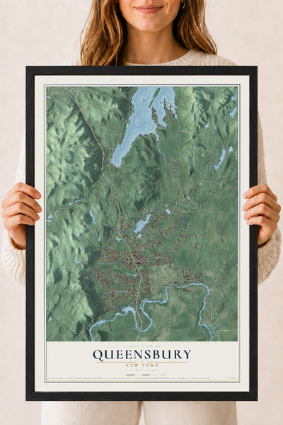 Queensbury, New York map print, 18" x 24" W/ Black Ayous Wood Frame mockup