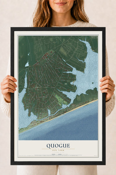 Quogue, New York map print, 18" x 24" W/ Black Ayous Wood Frame mockup