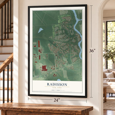 Radisson, New York map, 24 x 36 inch print in a black frame by a staircase