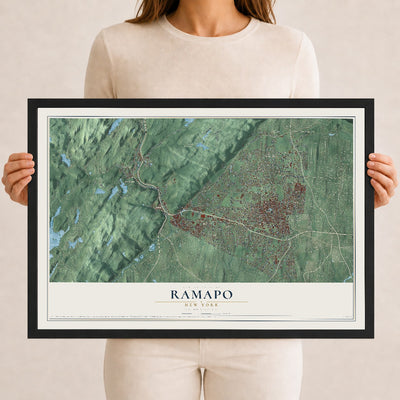 Ramapo, New York map print, 12" x 18" W/ Black Ayous Wood Frame mockup