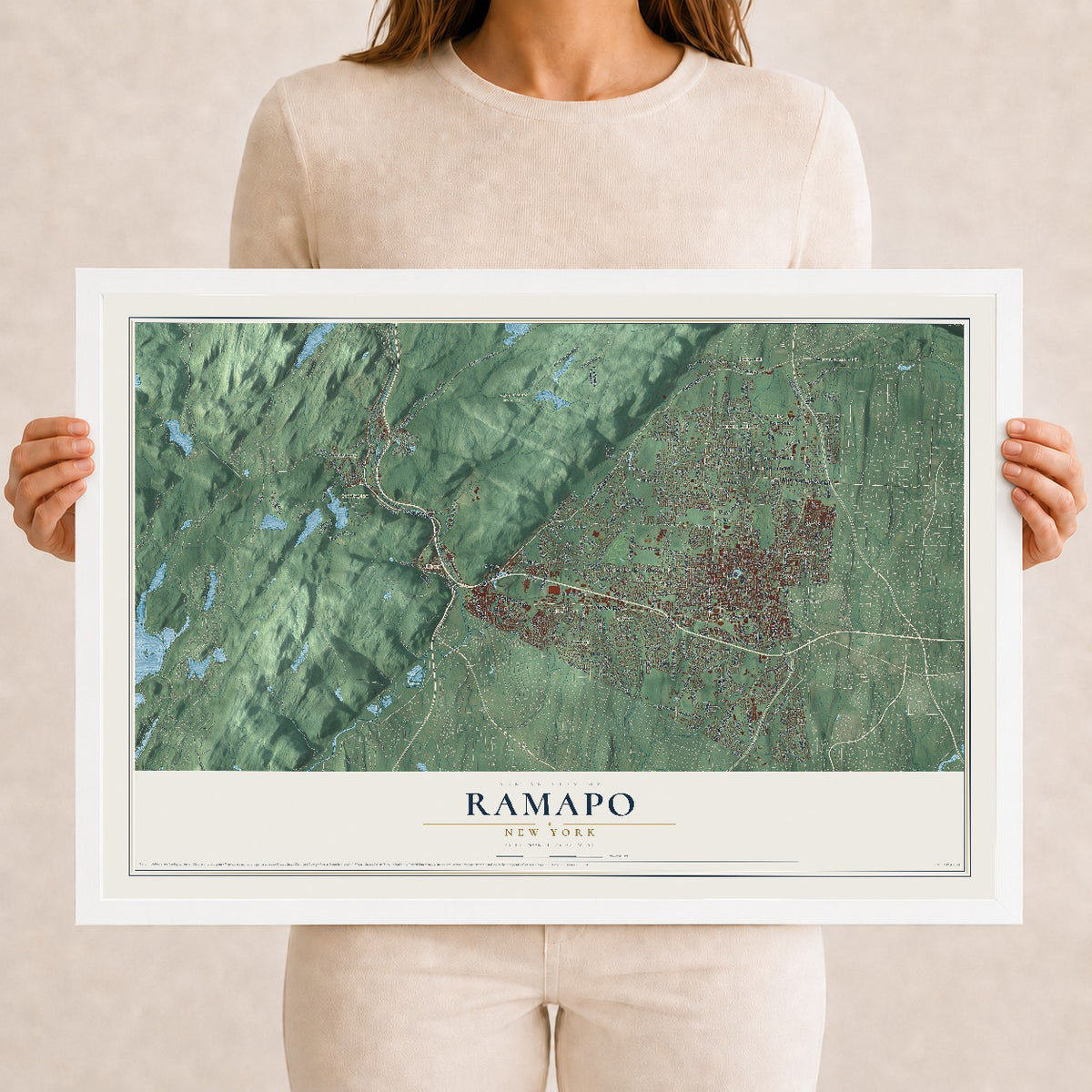 Ramapo, New York map print, 12" x 18" W/ White Ayous Wood Frame mockup