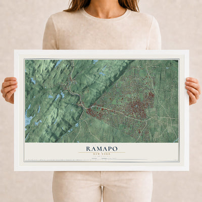 Ramapo, New York map print, 12" x 18" W/ White Ayous Wood Frame mockup