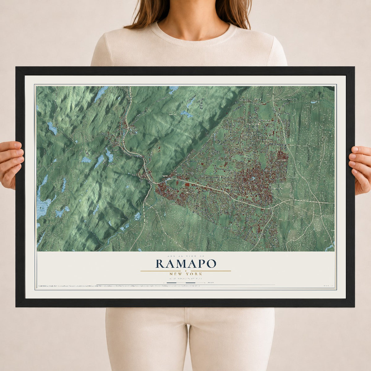 Ramapo, New York map print, 18" x 24" W/ Black Ayous Wood Frame mockup