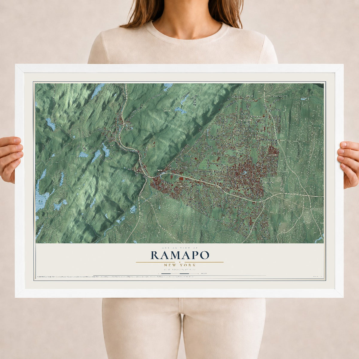 Ramapo, New York map print, 18" x 24" W/ White Ayous Wood Frame mockup