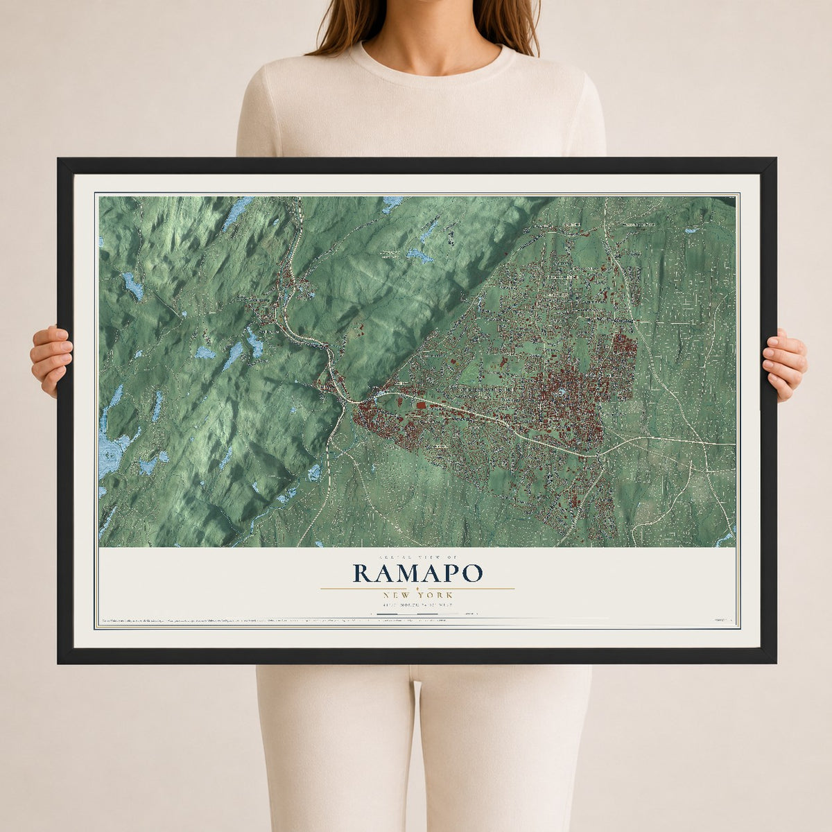 Ramapo, New York map print, 24" x 36" W/ Black Ayous Wood Frame mockup