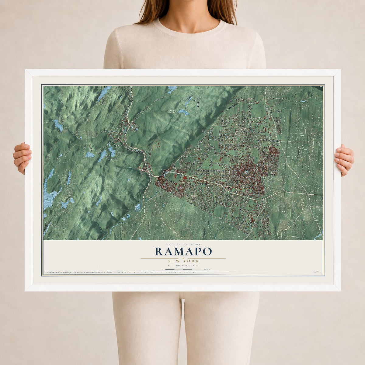 Ramapo, New York map print, 24" x 36" W/ White Ayous Wood Frame mockup