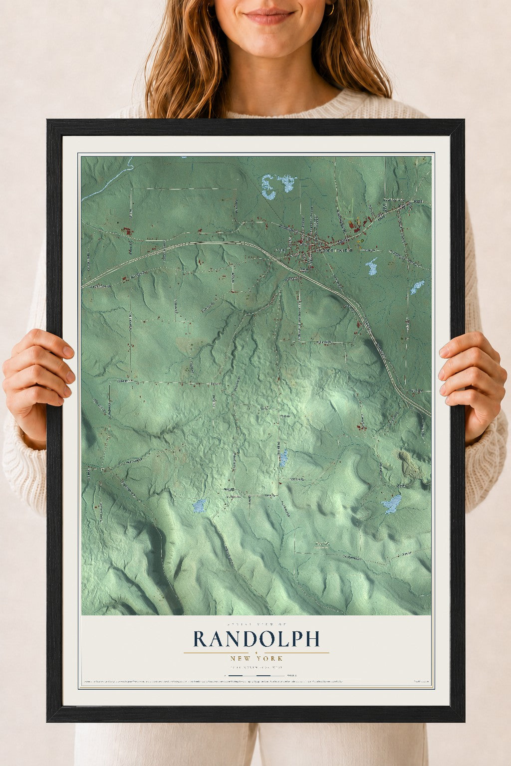 Randolph, New York map print, 18" x 24" W/ Black Ayous Wood Frame mockup