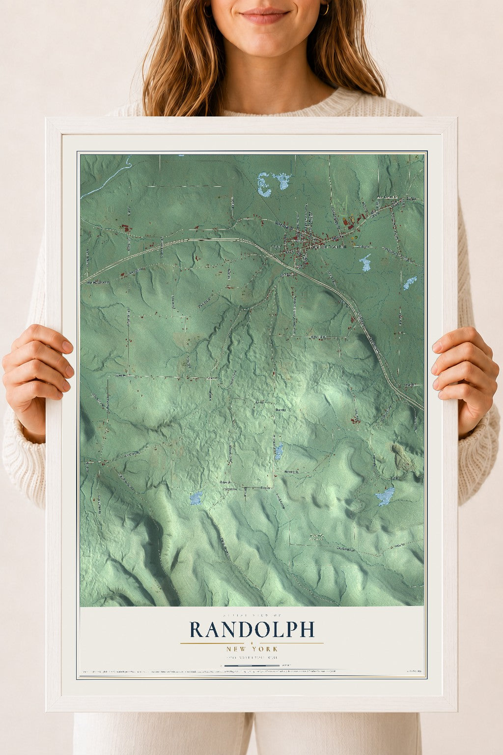 Randolph, New York map print, 18" x 24" W/ White Ayous Wood Frame mockup