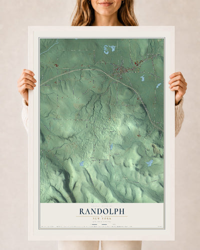 Randolph, New York map print, 24" x 36" W/ White Ayous Wood Frame mockup