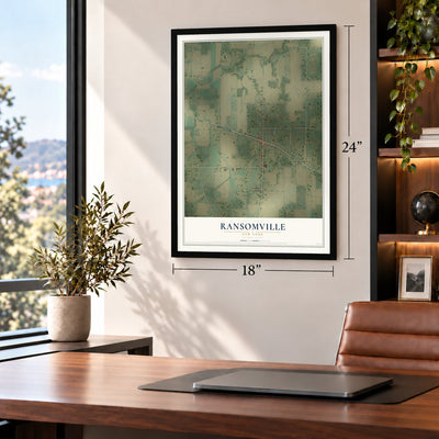 Ransomville, New York map, 18 x 24 inch print in a black frame in a home office