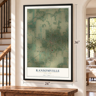 Ransomville, New York map, 24 x 36 inch print in a black frame by a staircase