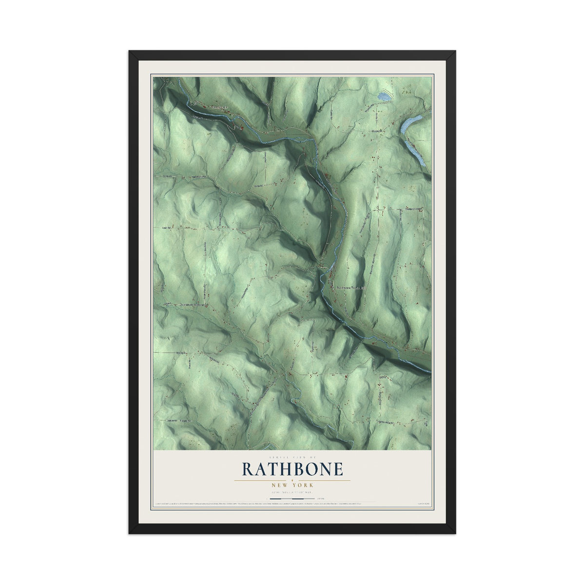 Rathbone, New York map print, 12" x 18" W/ Black Ayous Wood Frame mockup