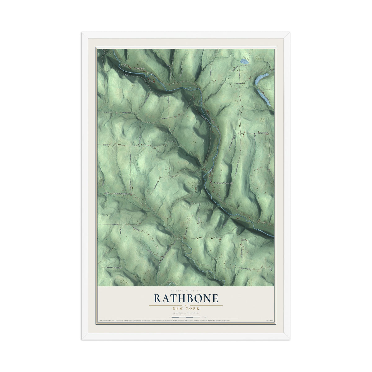 Rathbone, New York map print, 12" x 18" W/ White Ayous Wood Frame mockup