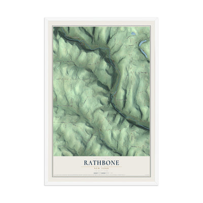 Rathbone, New York map print, 12" x 18" W/ White Ayous Wood Frame mockup