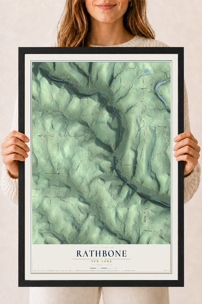 Rathbone, New York map print, 18" x 24" W/ Black Ayous Wood Frame mockup