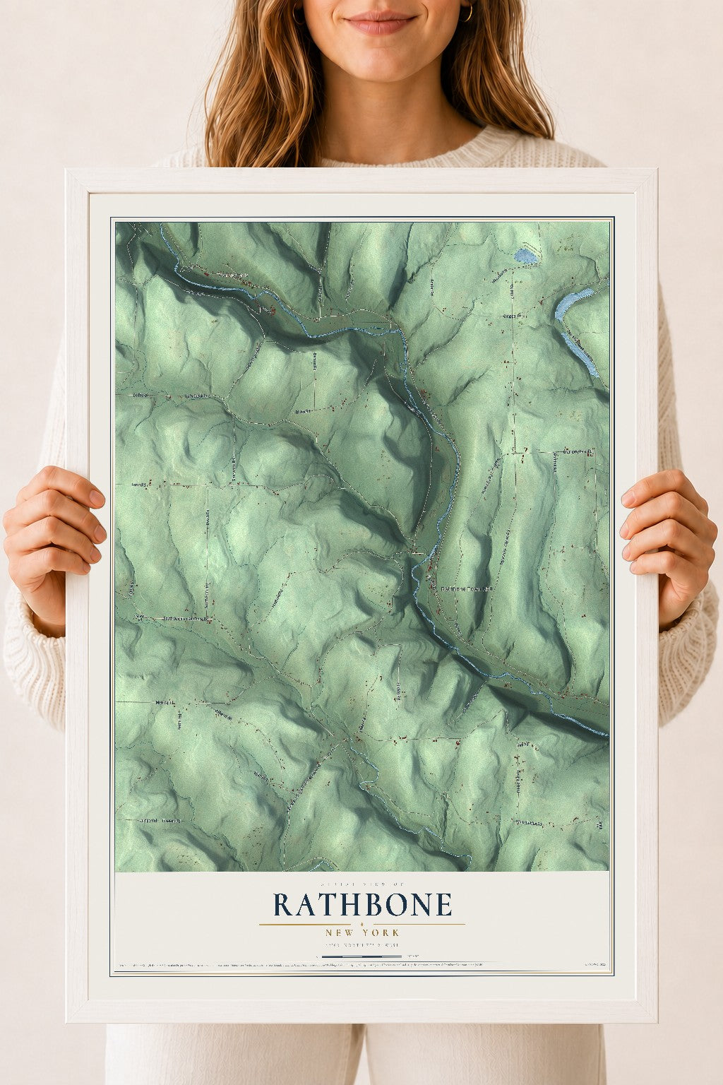 Rathbone, New York map print, 18" x 24" W/ White Ayous Wood Frame mockup