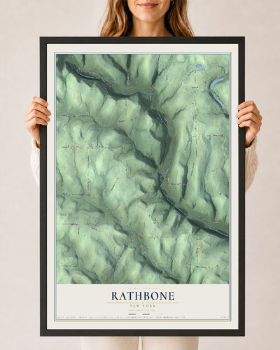 Rathbone, New York map print, 24" x 36" W/ Black Ayous Wood Frame mockup