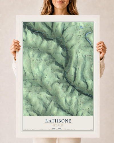 Rathbone, New York map print, 24" x 36" W/ White Ayous Wood Frame mockup