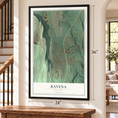 Ravena, New York map, 24 x 36 inch print in a black frame by a staircase