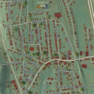 Close-up of the map of Ravena, New York print showing street and building detail