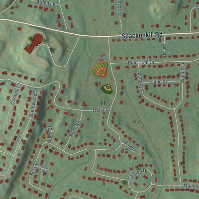 Close-up of the map of Red Oaks Mill, New York print showing street and building detail