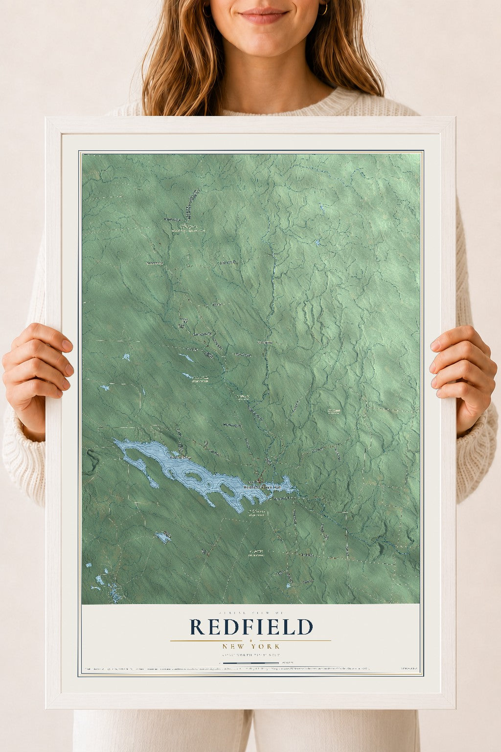 Redfield, New York map print, 18" x 24" W/ White Ayous Wood Frame mockup