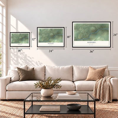 Redford, New York map in 12 x 18, 18 x 24 and 24 x 36 inch sizes above a sofa