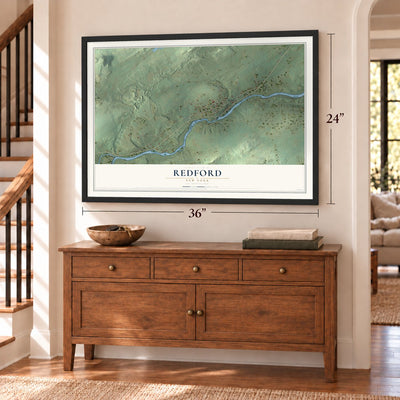 Redford, New York map, 24 x 36 inch print in a black frame above a dresser by a staircase