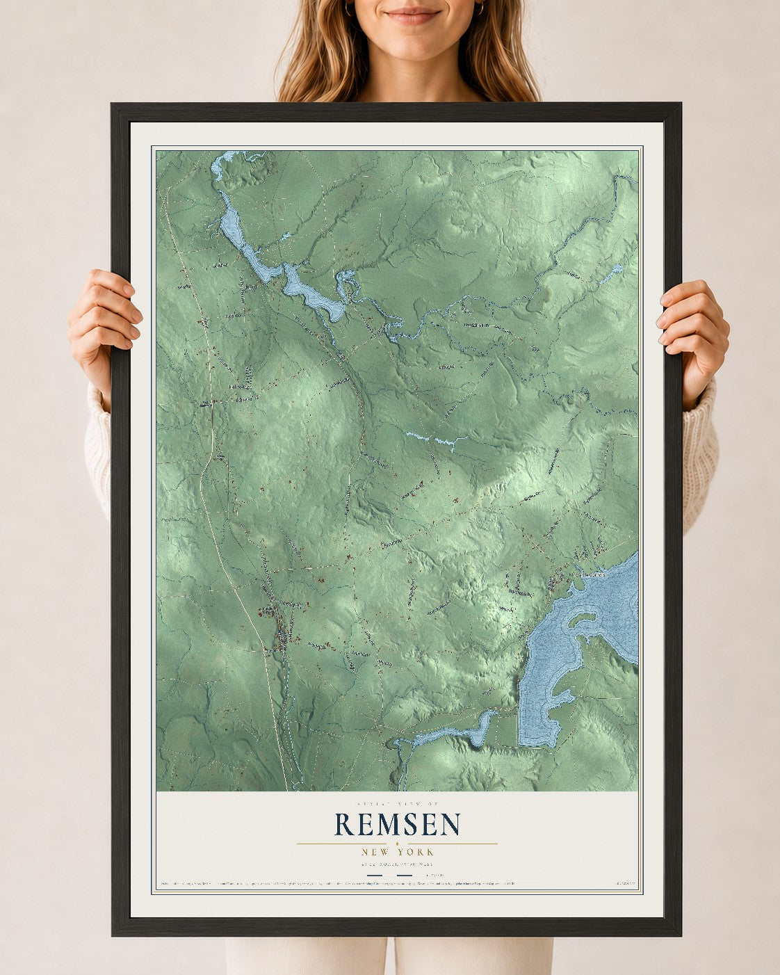 Remsen, New York map print, 24" x 36" W/ Black Ayous Wood Frame mockup