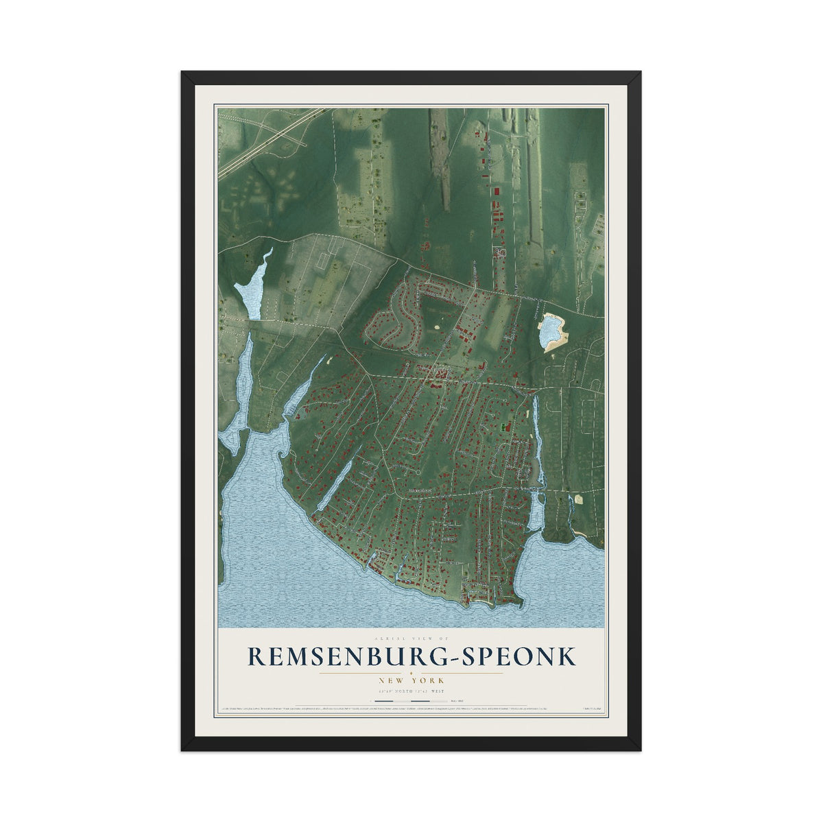 Remsenburg-Speonk, New York map print, 12" x 18" W/ Black Ayous Wood Frame mockup