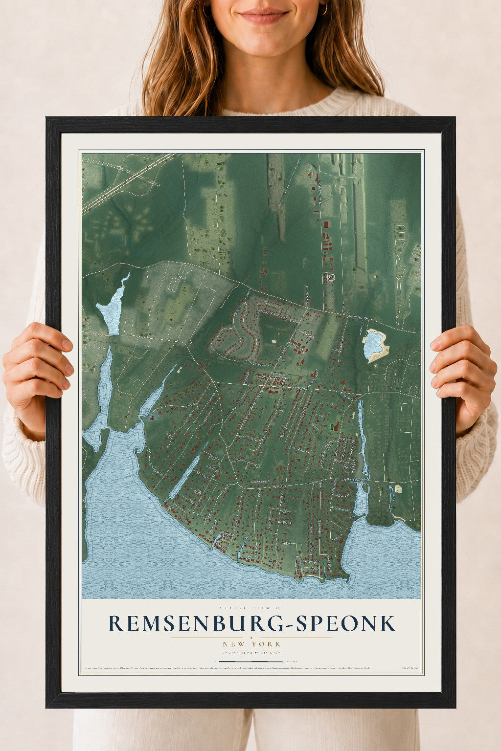 Remsenburg-Speonk, New York map print, 18" x 24" W/ Black Ayous Wood Frame mockup