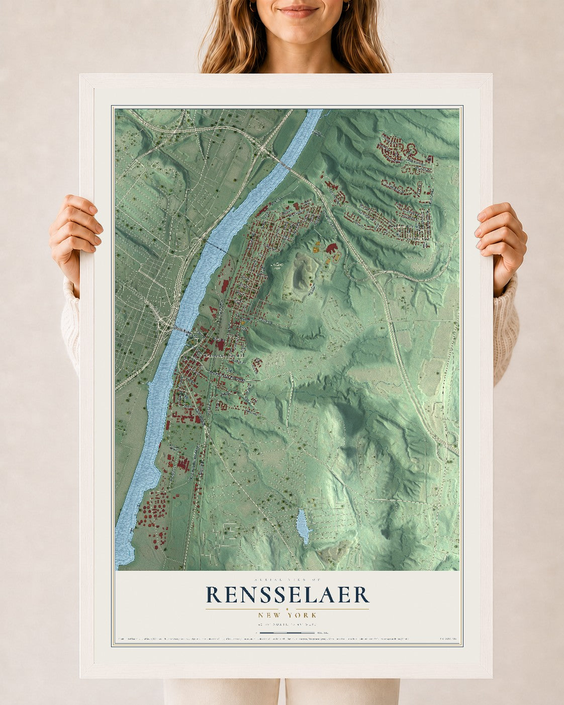 Rensselaer, New York map print, 24" x 36" W/ White Ayous Wood Frame mockup