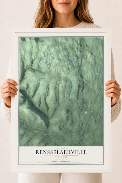 Rensselaerville, New York map print, 18" x 24" W/ White Ayous Wood Frame mockup