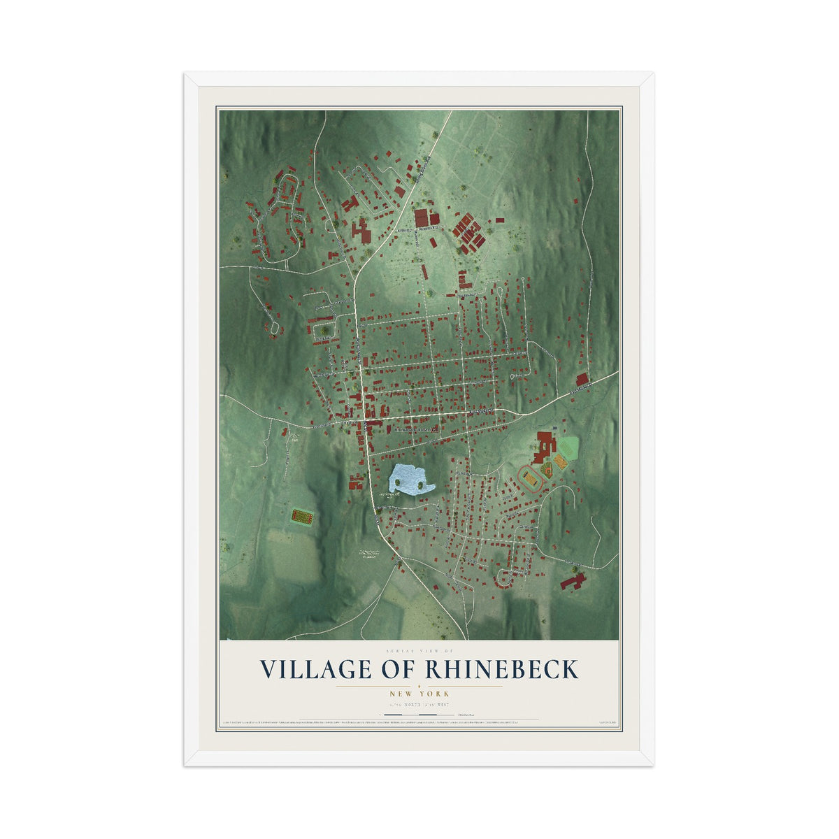 Rhinebeck, New York map print, 12" x 18" W/ White Ayous Wood Frame mockup