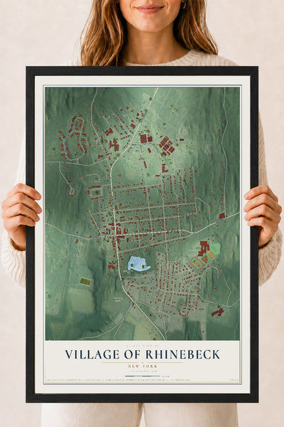 Rhinebeck, New York map print, 18" x 24" W/ Black Ayous Wood Frame mockup