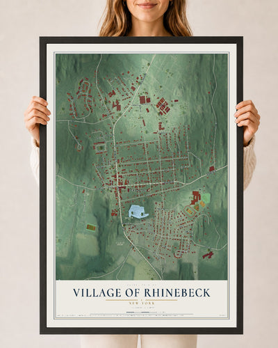 Rhinebeck, New York map print, 24" x 36" W/ Black Ayous Wood Frame mockup