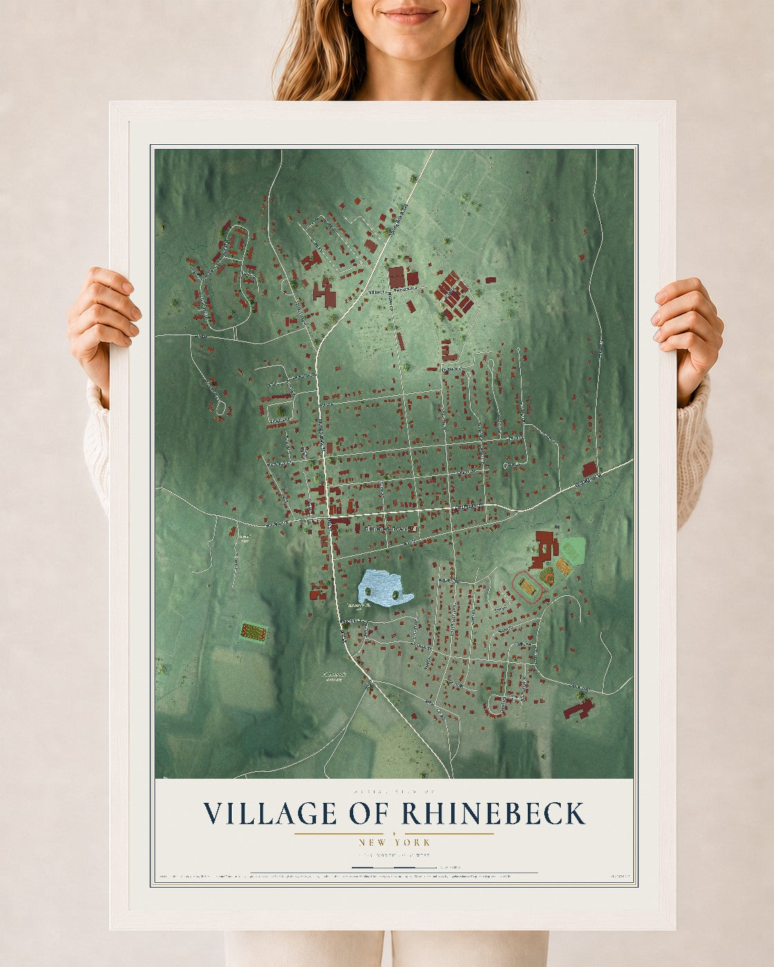 Rhinebeck, New York map print, 24" x 36" W/ White Ayous Wood Frame mockup