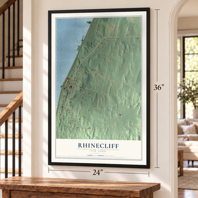 Rhinecliff, New York map, 24 x 36 inch print in a black frame by a staircase