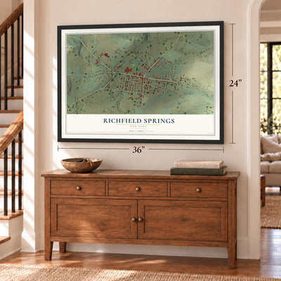 Richfield Springs, New York map, 24 x 36 inch print in a black frame above a dresser by a staircase